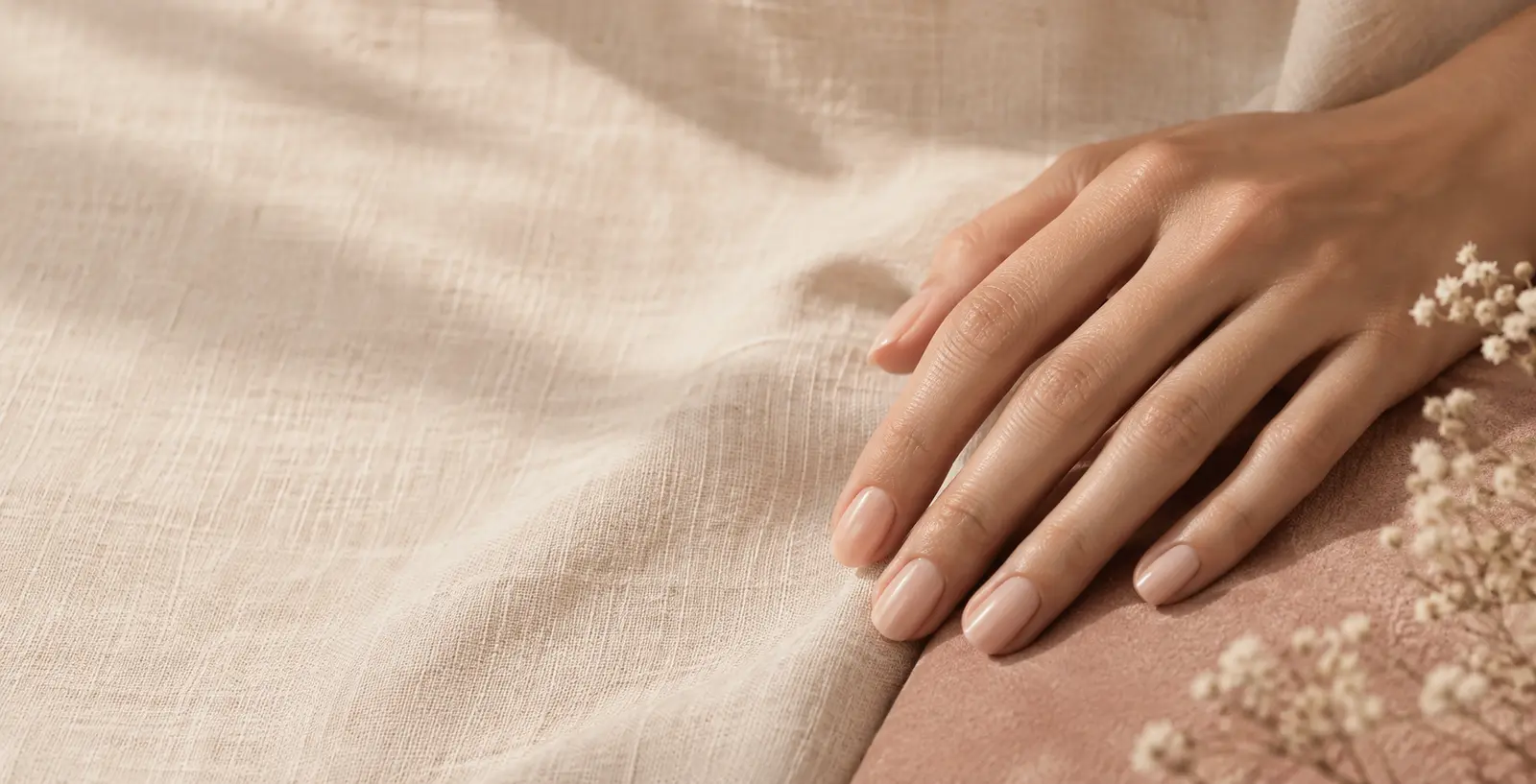 Doğal uzunlukta nude manikürlü el, krem ve pudra tonlarında kumaş üzerinde